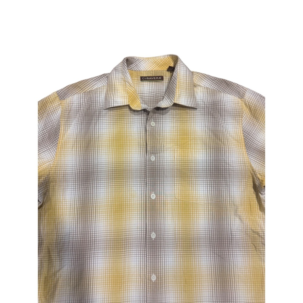 Cubavera Mens Large Yellow Grey Plaid Short Sleeve Button Down Shirt Rayon Blend